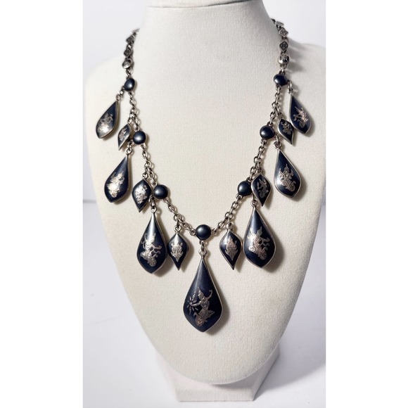 Siam sterling silver Niello bib necklace 1930's - 50's multi teardrop charms EUC
